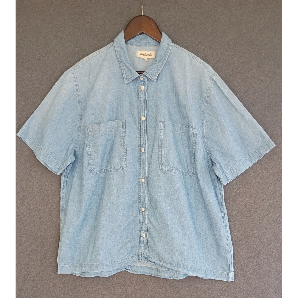 Madewell Womens XXL Light Wash Denim Short Sleeve Button Down Shirt Cotton Top
